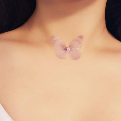 New Creative Fashion Women Crystal Colorful 3D Yarn Butterfly Chokers Invisible Chain Fishline Silk Choker Necklace Jewelry