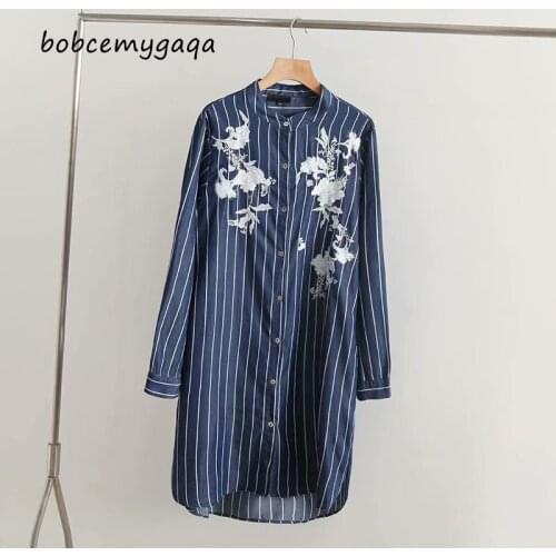 Spring Embroidered Striped Dress Women O Neck Long Sleeve Shirt Dress Blue Casual Work Office Lady Dresses Vestido Mujer
