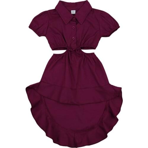 Pudcoco Little Girl’s Solid Color Shirt Dress Short Sleeve Shirt Top Hollowed Waist Asymmetrical Hem Skirt for Summer 1-6 Years