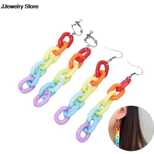 Personality Candy Color Acrylic Long Chain Statement Earrings Colorful Rainbow Geometric Cool Earrings for Woman Party Jewelry
