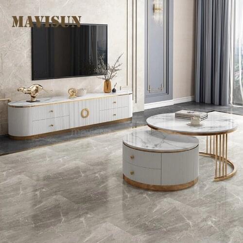 Light Luxury TV Cabinet Side Table Set Modern Minimalist Marble Low Floor Cabinet Hong Kong Style With Drawers Coffee Furniture