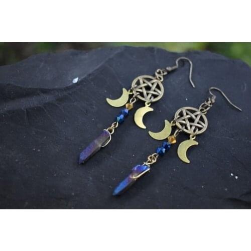 Pagan Moon Earrings,Moon Goddess Earrings,witch Earrings, Winter Solstice, Pentagram Earrings,Celestial Earrings