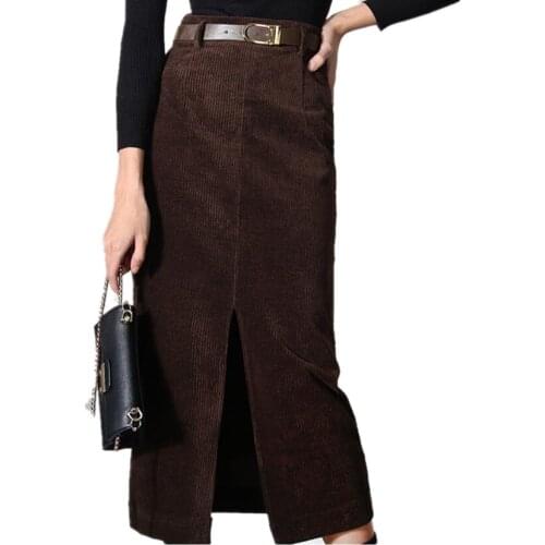 New Spring autumn fashion Corduroy split skirt women high waist mid calf package hip ol skirt a-line
