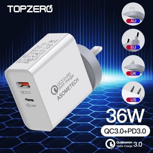 36W USB Fast Charger QC 3.0 QC 4.0 PD 18W Type C Quick Charger For iPhone 11 8 Plus Huawei Samsung Mobile Phone Charge Adapter