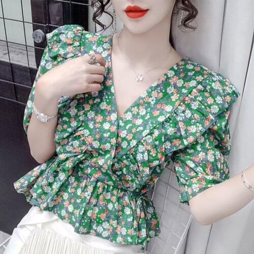 Floral Women Blouse Summer New 2021 V-Neck Ruffles Puff Sleeved Slim Elegant Office Lady Pulls Tops Tees