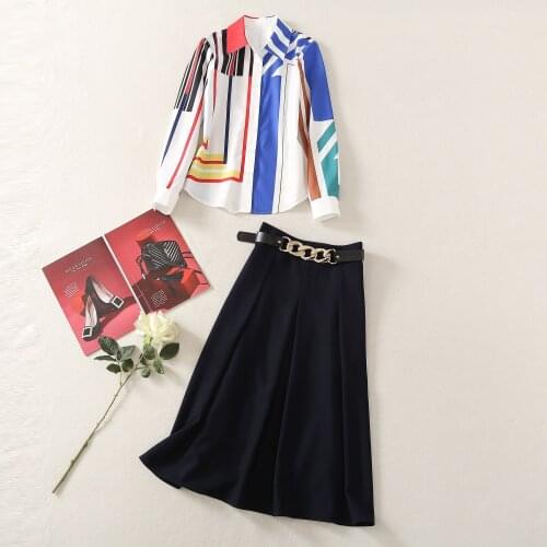 European and American womens clothing spring 2021 The new Long-sleeved printed shirt Chain belt skirt Fashion suits