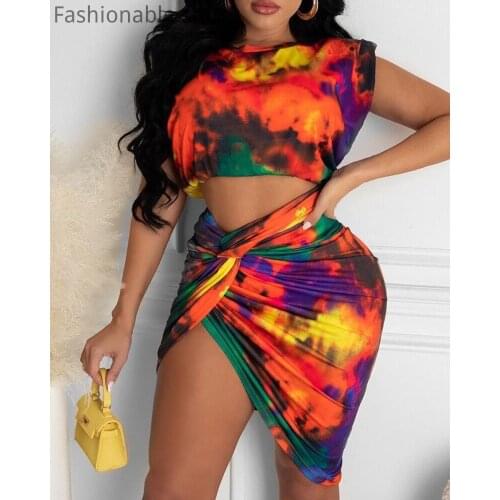 Women Sexy Tie Dye Print Round Neck Crop Top and High Waist Ruched Skirts 2pcs Set
