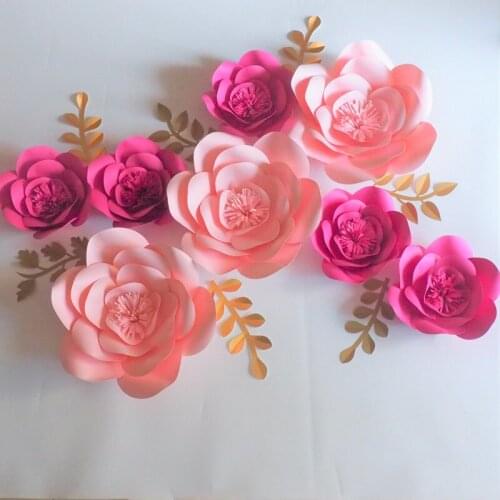 2018 Aritificial Large Paper Flowers Backdrop 8PCS+Leaves 7PCS For Wedding & Event Decor Baby Nursery Mix Rose Baby Pink