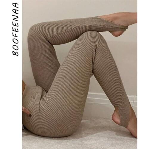BOOFEENAA Cotton Knitted Fashion Sexy High Waist Tight Leggings Sport Women Fitness Workout Step-on-foot Pants C68-BG27
