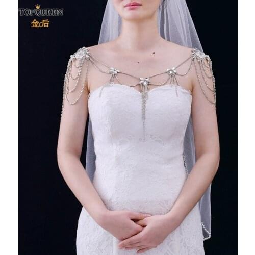 TOPQUEEN G11 Rhinestone Chain Artificial Flower Bridal Shawl Luxury Diamon Chain Accesories for Bride Tassel Necklace Jewelry