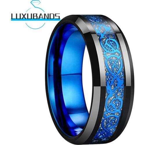 Black 8MM Tungsten Carbide Ring For Men Women Beveled Edges Meteorite Blue Inner Dragon Inlay Polished Finish Comfort Fit