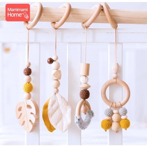 4pc/set Baby Wooden Pendant Play Gym Toys BPA Free Wooden Teether Rodent Animal Interactive Stroller Hanging Bed Bell Nurse Gift
