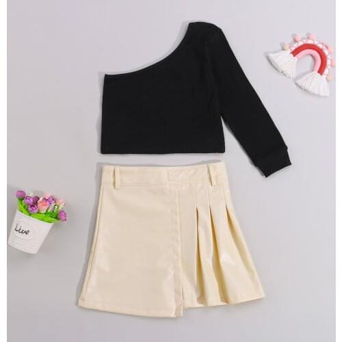 2Pcs Kids Summer Costume Girls Solid Color One-Shoulder Long Sleeves T-Shirt + Leather Short Skirt 2-6 Years
