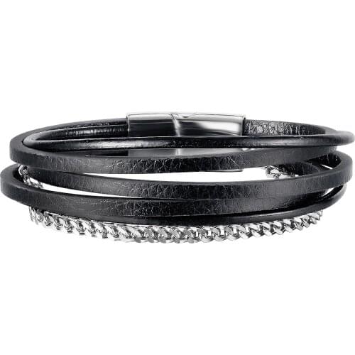 Cyue European Fashion Black Leather Link Bracelet Bangle Stainless Steel Button Wristbands Men Jewelry