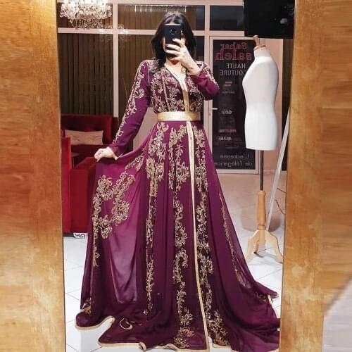 Purple Moroccan Kaftan Caftan Muslim Evening Dresses A-line V-neck Chiffon Pearls Dubai Arabic Turkey Abaya Islamic Evening Gown