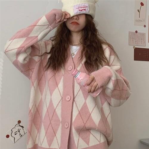 Korean Oversize Cardigan Winter Tops Women Knitted Argyle Sweater Loose Single Breast Students Knitwear Pink Knit Sweat Femme
