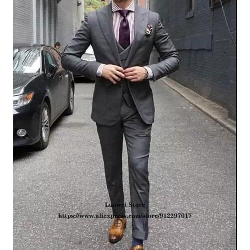 Classic Grey Mens Suits Casual Formal Slim Business Blazer Vintage Wedding Groom 2 Piece Set Terno Masculino (Jacket+Vest+Pants)