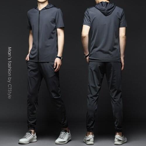 Summer ice silk short-sleeved suit hooded T-shirt sports and leisure with a set of handsome mens fashion summer clothes
