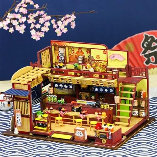 DIY Model Building Blocks Toys Sushi Dollhouse Wooden House Miniature Furniture Kit Casa LED Toy Kid Gift