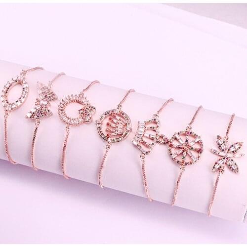 10Pcs Fashion Jewelry Colorful CZ Bracelets Slide Chain Crystal Zirconia Crowen insects Round Shaped Adjustable Bracelets