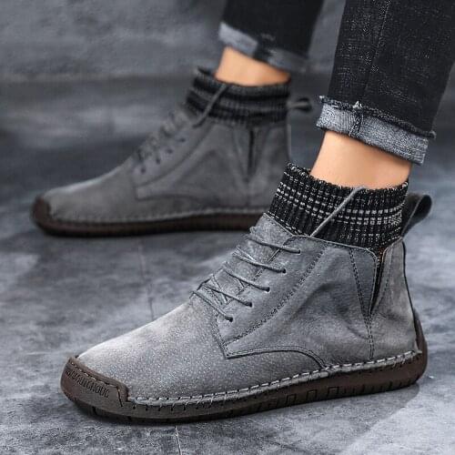 2019 Autumn Winter Men Boots Fashion Lace-Up Men Leather Shoes Casual Short Boots Breathable High-Top Men Shoes Big Size 464748
