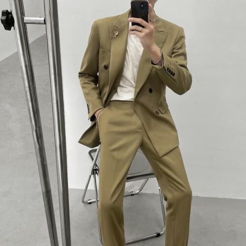 Fashion Korean Suits for Men Business Formal Casual Suits 2 Pieces Double Breasted Groom Wedding Dress Clothing Social Blazers