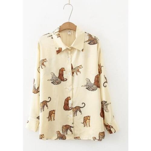 Autumn New Women Harajuku Leopard Animal Print Shirt Long Sleeve Button Up Lapel Chiffon Blouse Casual Tops Feminina Fashion