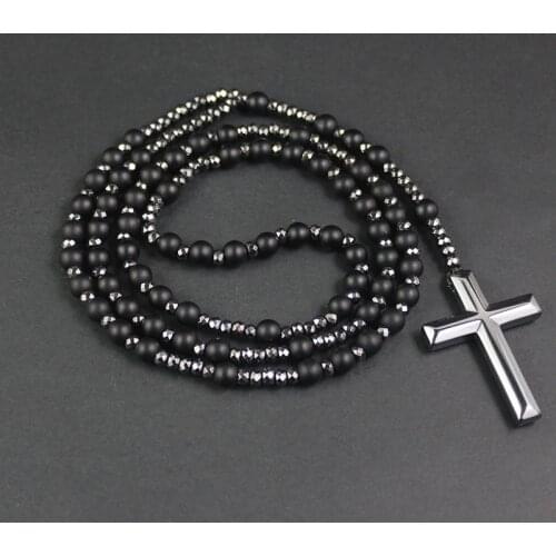 New Arriveal Matte Black Stone Beads with Hematite Faced Beads Cross Pendant Necklace Mens Jewelry Rosaray NSN013