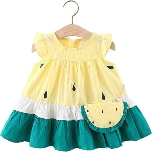 Watermelon Baby Girls Dress With Bag Cotton Summer Ruffles Toddler Outfit Kids Clothes
