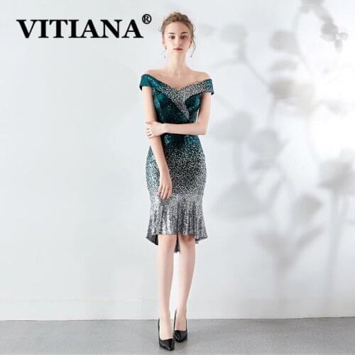 VITIANA Women Off Shoulder Sequined Sexy Party Dress Female V-Neck Host Elegant Bodycon Dresses Femme Banquet Night Vestidos