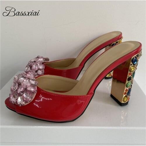 Diamond Air Mesh Butterfly-knot Sandals Women Jeweled High Heel Slingbacks Peep Toe Rhinestone Slip-on Mules Summer