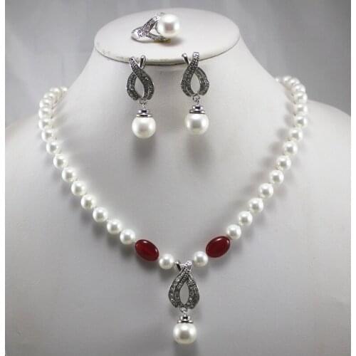 Wedding jewelry set!Wholesale simple and noble Womens white pearl Necklace earring ring(7/8/9) set #211