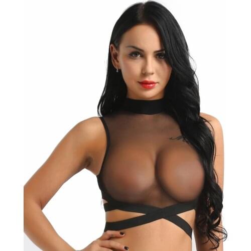 Women sexy mesh crop tops bikini tops Sleeveless Round Neck Sheer Mesh Zipper Back Elastic Strappy Criss Cross Crop Top Shirts