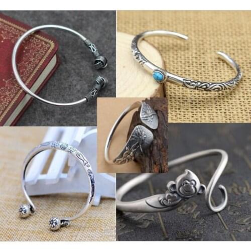 S925 silver jewelry wholesale silver bracelet retro carved oval opening bracelet