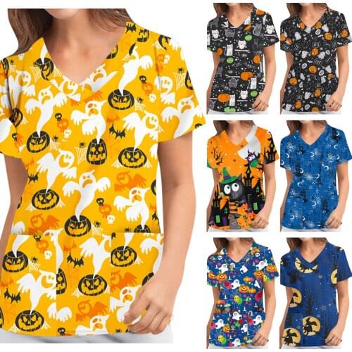 Halloween Scrubs Nursing Uniform For Women Short Sleeve V-neck Tops Working Uniform With Pockets Blouse медицинская одежда q5