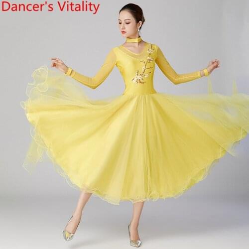 Women Modern Dance Mesh Big Hem Shine Diamond Embroidered Dress Ballroom National Standard Waltz Dancing Racing Stage Wear