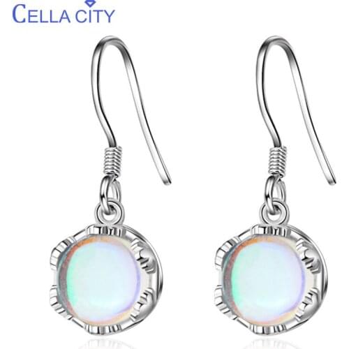 Cellacity Round Moonstone Ear drops Short Style Silver 925 Jewelry Gemstones Earrings for Women Korean Fashion Style Dating Gift