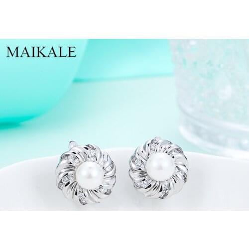 MAIKALE New Fashion Gold/silver Color Small Round Pearl Earrings Cubic Zirconia Stud Earrings for Women Jewelry Simple Gift