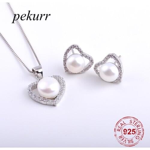 Pekurr 925 Sterling Silver Classic Love Heart Freshwater Natural Pearl Earrings Necklace Sets For Women Wedding Pendant Jewelry