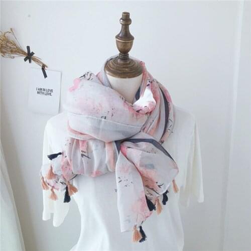 Pink floral printed women scarf pashmina for lady tassels see through wraps hijab foulard