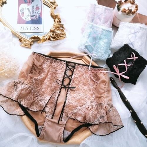 New Large Size Womens White Underwear Sweet Cross Bowknot Girly Underwear Kawaii Underwear Palace Lotus Leaf Lace Underwear 6XL