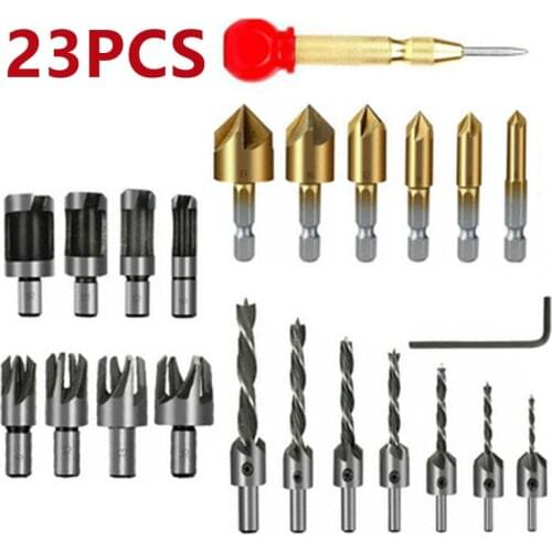 23PCS High Speed Steel Chamfering Tool Combination Set Woodworking Countersunk Head Chamfering Bit Hexagon Shank Titanium Chamfe
