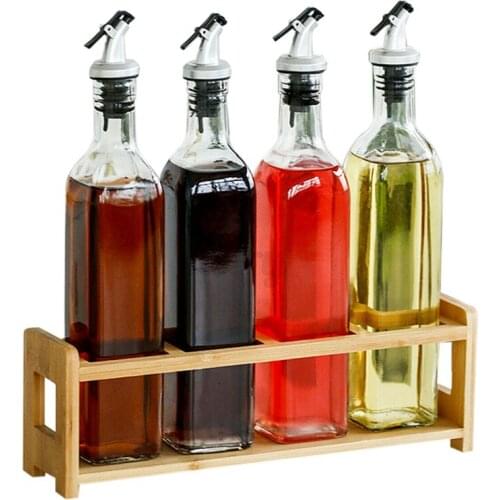 4X 500Ml Oil Dispenser Olive Vinegar Pourer Cooking Glass Bottle Set with Rack