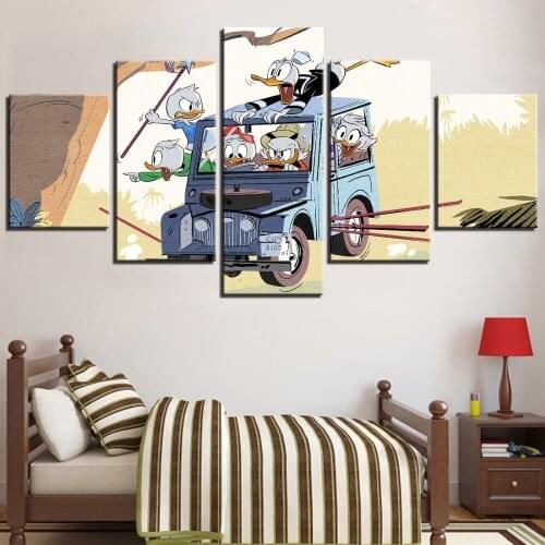 5 Pieces Canvas Painting Ducks On The Car Posters Truck Pictures Animation Wallpapers For Home Decor Kids Favorite Artwork