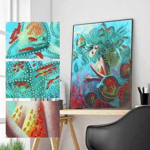 5D Special Shaped Diamond Painting Girl Fish DIY Embroidery Kit Crystal Art Rhinestone Cross Stitch Home Decoration Hang Picture