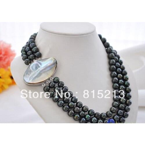 FREE SHIPPING>>> AA+ 3row 9-10mm peacock black round FW pearl necklace mabe clasp