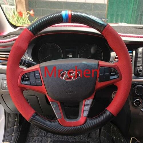 DIY Hand sewn steering wheel cover with hand sewn leather for hyundai Yuena Ruina Tousheng Yuedong carbon fiber