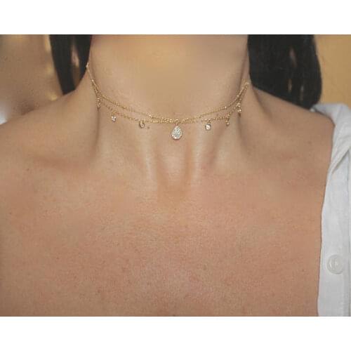 NEW Top quality 2017 factory fashion jewelry double layer chain cz drop 33+7cm choker charm gold color necklace for women