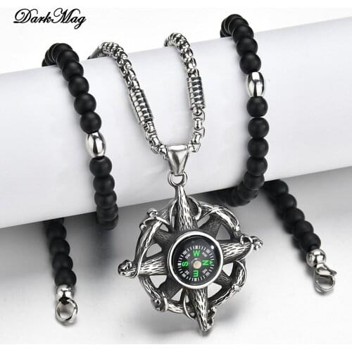 DarkMag Gothic Round Compass Pendant Necklace For Men Vintage Punk Rock Talisman Titanium Beads Necklace Nordic Amulet Pendant