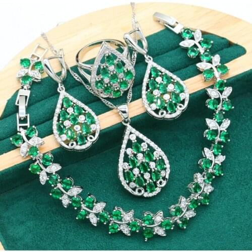 Dubai Exquisite Wedding Silver Color Jewelry Set for Women Green Zircon Bracelet Long Earrings Necklace Ring Christmas Gift